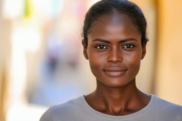 A close-up portrait of a young black woman wearing a casual t-shirt, with a blurred background.