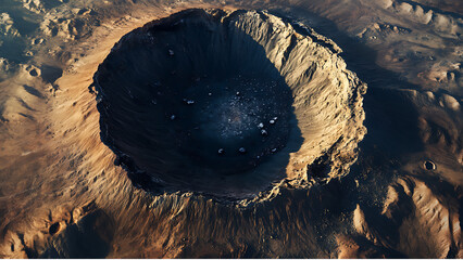 Aerial View of a Giant Crater on a Desolate Planet