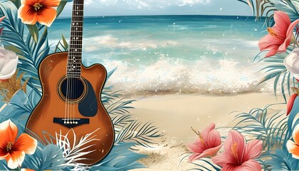 Tropical Guitar Dreams: Seamless Floral Pattern for Postcards and Notebooks