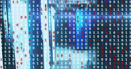 Poster - Binary code in red and white over animation of server room