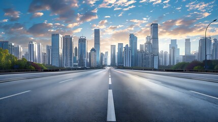 Fototapete - Asphalt road and modern city buildings under blue sky