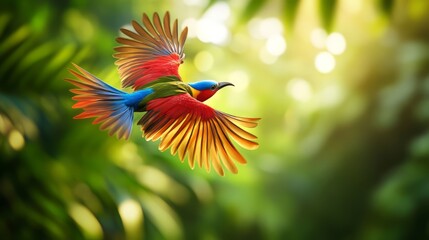 Wall Mural - Wildlife Wonders. A vibrant tropical bird in flight with its colorful feathers in sharp detail against a lush, blurred background of its natural environment.