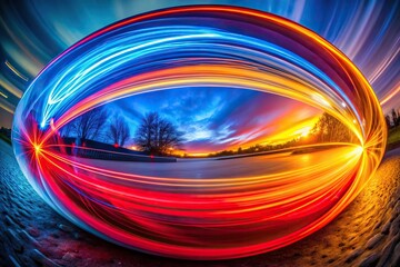 Wall Mural - Abstract red and blue light with fisheye effect, wind blowing against yellow background