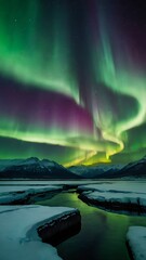 Wall Mural - Northern aurora borealis in a dark night mountains and frozen sea landscape view, purple and green polar lights