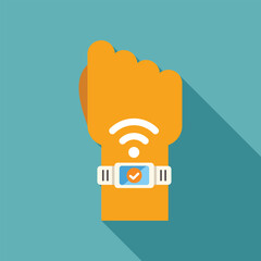 Poster - hand wearing a smart watch is displaying a wireless connection symbol, indicating successful pairing