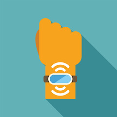 Sticker - Human hand wearing smartwatch showing heart rate monitor on screen on blue background