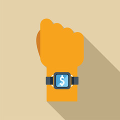 Sticker - Hand wearing smartwatch displaying dollar sign on screen, representing mobile payment and finance technology