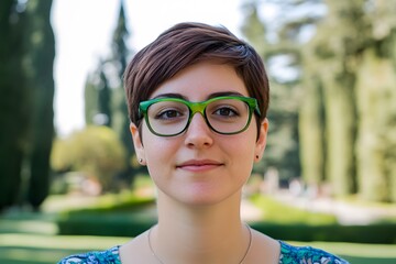 Wall Mural - Portrait of a Young Woman with Short Brown Hair and Green Glasses