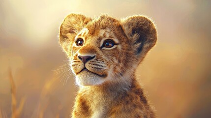 3D lion cub with a soft pastel background on the right, symbolizing the future kings of the animal kingdom, style of