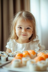 Wall Mural - A young girl is sitting at a table with a plate of sushi in front of her. She is smiling and she is enjoying the food