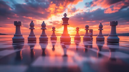 Canvas Print - Chess pieces on a chessboard with sunset backdrop