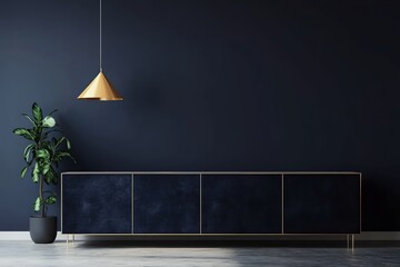 Wall Mural - Modern Minimalist Interior Design with a Dark Blue Cabinet and a Gold Pendant Light