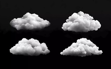 Poster - Collection of realistic gray clouds isolated on black background. Vector illustration with soft and fluffy clouds