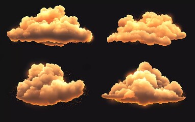 Poster - Collection of realistic orange clouds isolated on black background. Vector illustration with soft and fluffy clouds