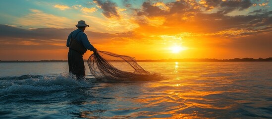 Poster - Fisherman Casting Net at Sunset