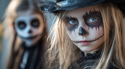 A girl dressed up for Halloween, with her friend behind her.