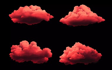 Poster - collection of realistic red clouds isolated on black background. Vector illustration with soft and fluffy clouds