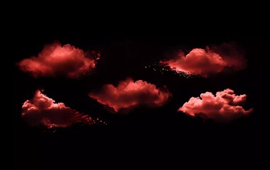 Poster - collection of realistic red clouds isolated on black background. Vector illustration with soft and fluffy clouds
