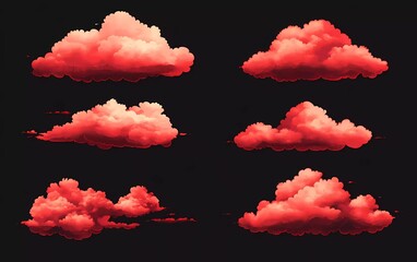 Poster - collection of realistic red clouds isolated on black background. Vector illustration with soft and fluffy clouds