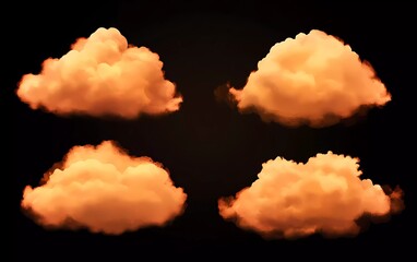 Poster - Collection of realistic orange clouds isolated on black background. Vector illustration with soft and fluffy clouds