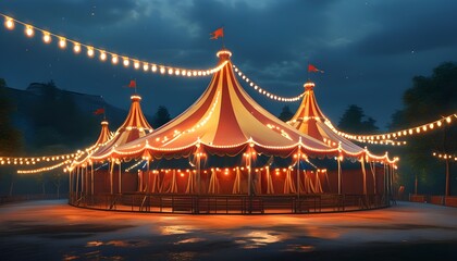 Wall Mural - Nostalgic ambiance of an empty circus tent adorned with warm string lights, reflecting memories of vibrant shows and lively performances