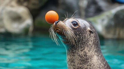 3D seal balancing a ball on its nose with a soft pastel background on the right, representing the playful nature of marine life in a zoo, style of