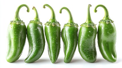 A row of green peppers are lined up on a white background