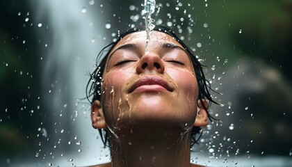 Canvas Print - Tranquil bliss captured as a serene face absorbs soothing water droplets from a nearby waterfall, embodying peace and contentment.