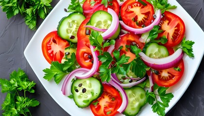 Colorful salad featuring ripe tomatoes, crunchy cucumbers, zesty red onions, and fragrant parsley elegantly presented on a pristine white plate for a nutritious feast.