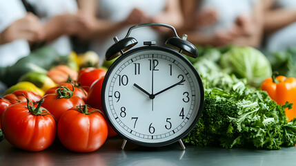 A clock surrounded by fresh vegetables, symbolizing healthy eating.