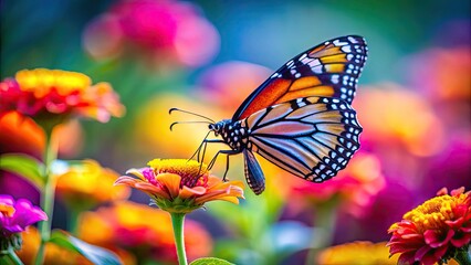 Wall Mural - Vibrant Butterfly Landing On A Colorful Flower With A Blurred Background, Suitable For A Desktop Wallpaper.