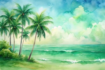 Abstract watercolor background with green sea palms