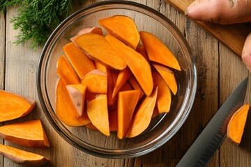 A top-down view of a wooden kitchen countertop with freshly cut sweet potato wedges soaking in a large glass bowl of water.