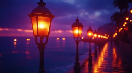 Poster - Street Lights Reflecting on the Ocean at Sunset