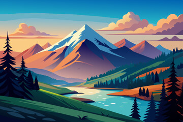 Canvas Print - Vector minimalistic landscape mountains and woods near the water