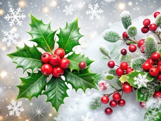 Wall Mural - Vibrant festive holiday scene featuring snowflakes, holly leaves, and bright red berries on a soft white background, perfect for winter wonderland-inspired digital designs.