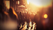 © LomaPari2021 - Crowd of people walking in the street with soft bokeh, fast moving with blur in sunset