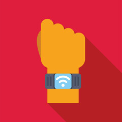 Poster - hand wearing smart watch showing wifi connection symbol on red background