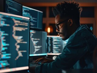a software developer coding in a darkened room