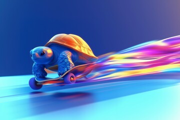 Adorable Turtle Speeding on Skateboard with Panoramic Background: Showcasing Technology, Internet, Speed, Innovation, and Digital Era Connectivity for Promotional and Advertising Themes