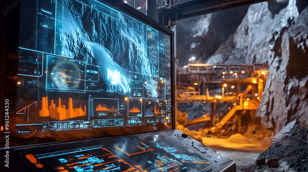 Mining Machine Display Holographic display showcasing a real time monitoring system for ...