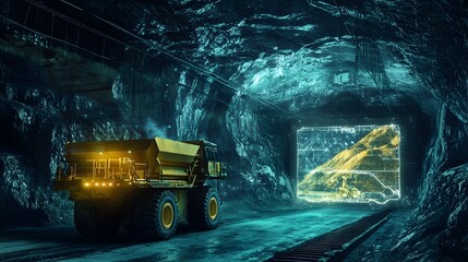 Futuristic holographic display showcasing the use of autonomous vehicles for the efficient and sustainable transportation of raw materials from a remote mining This digital visualization represents