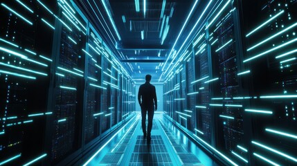 Wall Mural - Man walking in a server room