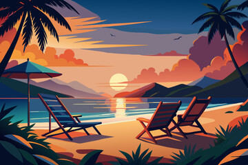 Wall Mural - Two deck chairs under an umbrella on the beach vector illustration on white background