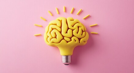 Poster - bright yellow brain shaped lightbulb on pink background symbolizing creativity and innovation