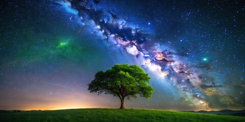 Wall Mural - aerial night sky with milky way stars and green tree in foreground