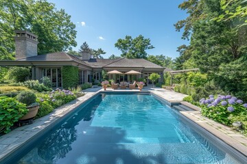  In-Ground Swimming Pool Surrounded by Hedges and Trees with Light Brown Patio Tiles and Garden Chair