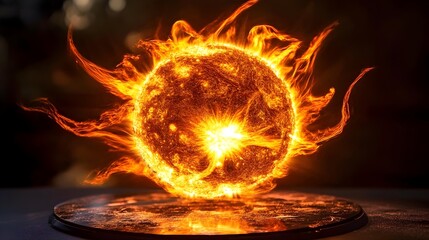 Poster - A captivating digital hologram showcasing the Sun s intricate solar flares prominent surface details and dynamic cosmic energy in a visually striking futuristic display