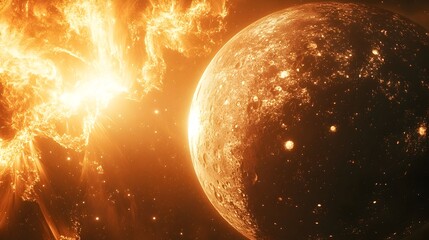 Poster - Holographic projection showcasing the intricate details of the planet Mercury including its cratered surface and close proximity to the scorching heat of the Sun