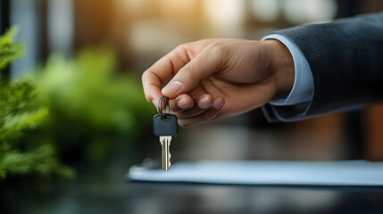 A hand holding a key over a desk with greenery in the background.